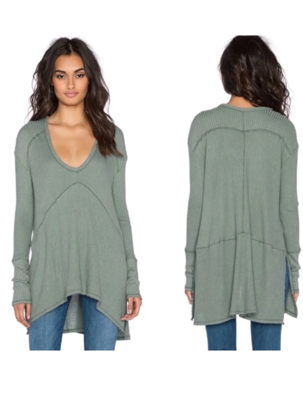 Free People Sunset Park Drippy Thermal Green Oversized Waffle Knit Top